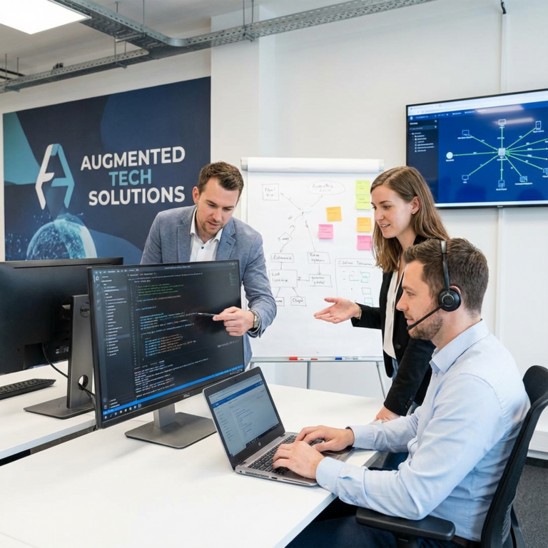 Engineering team reviewing code at a workstation