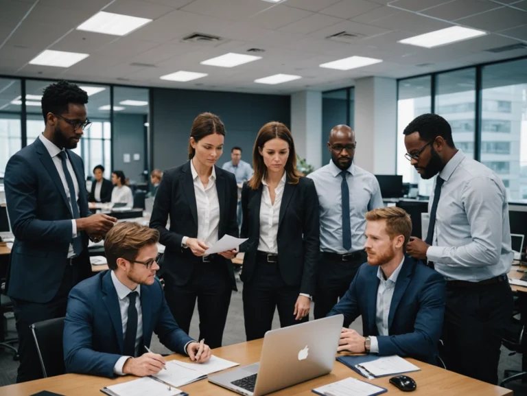Colleagues reviewing hiring plans around a laptop