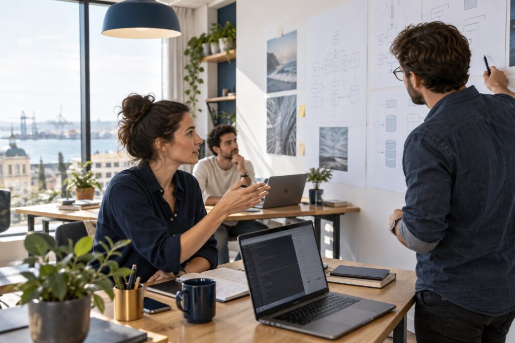 Engineers reviewing software architecture together