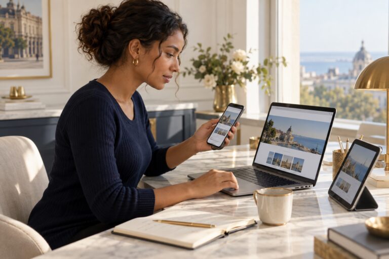 Tester reviewing a website on a phone, laptop and tablet